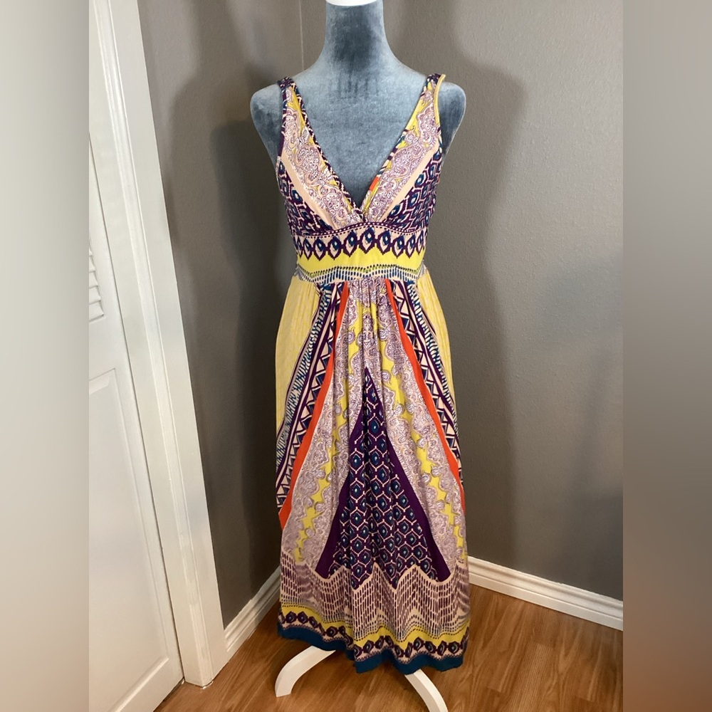 Angie Boho Printed Hippie Smocked Maxi Dress Size XS